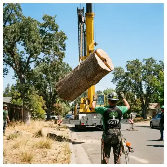 Crane lowering a tree section during a La Jolla removal
